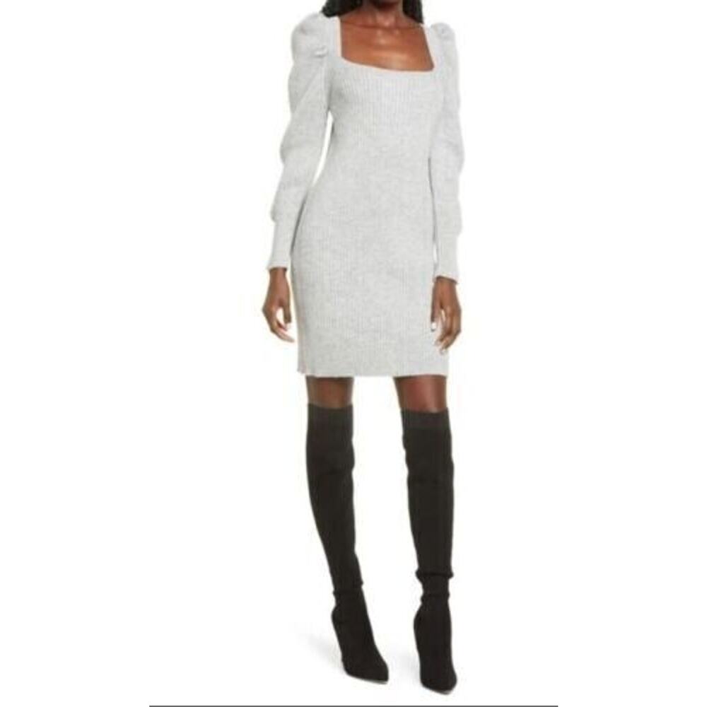 WAYF Leland Long Sleeve Tie Back Sheath Sweater Dress In Heather Grey Medium $98